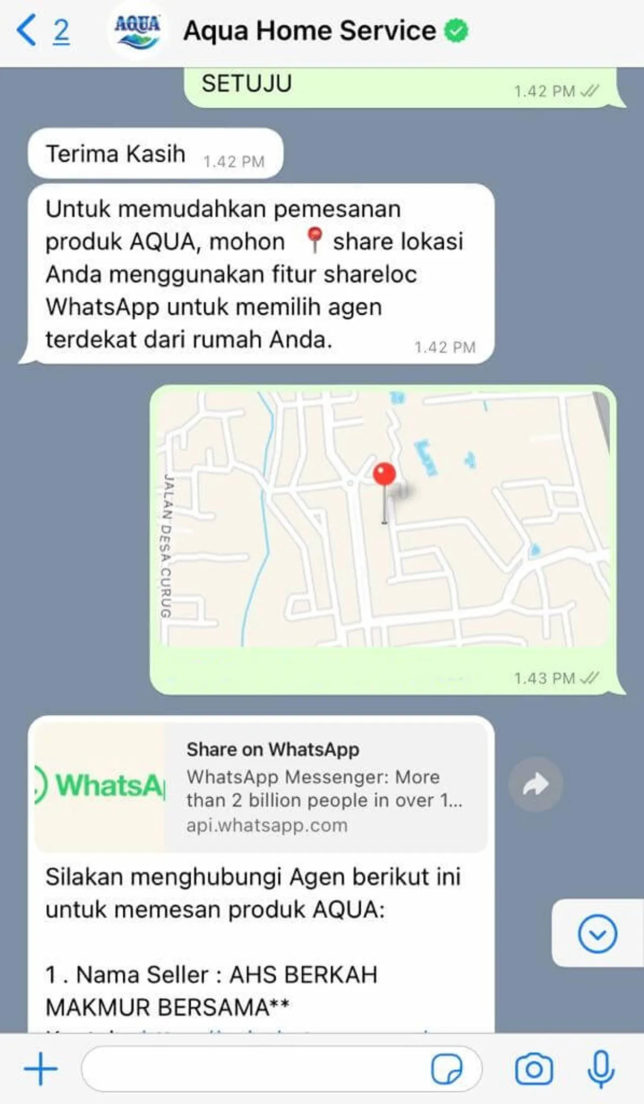 titik lokasi pada WhatsApp AQUA Home Service